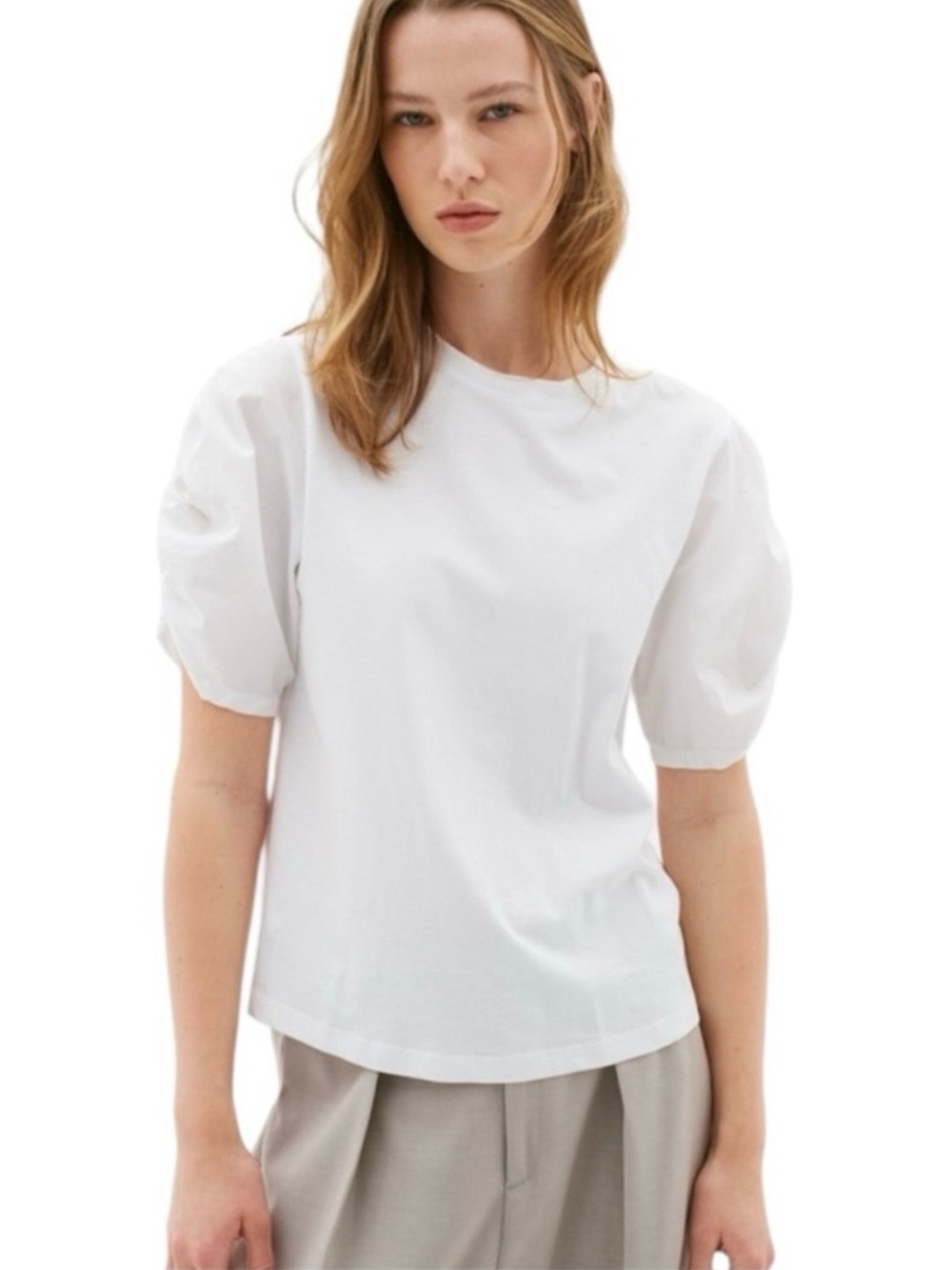 Inwear White Puff-Sleeve Cotton Top - Women's Classic Tee like new XL